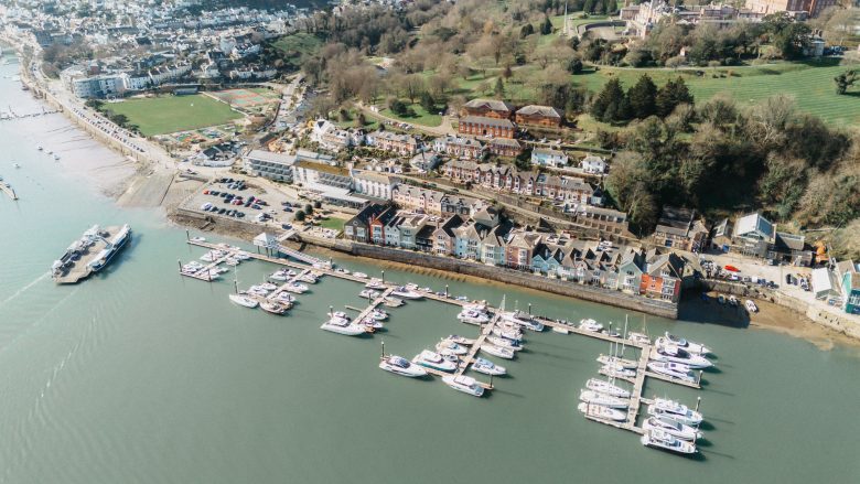 birds eye view of dart marina in winter
